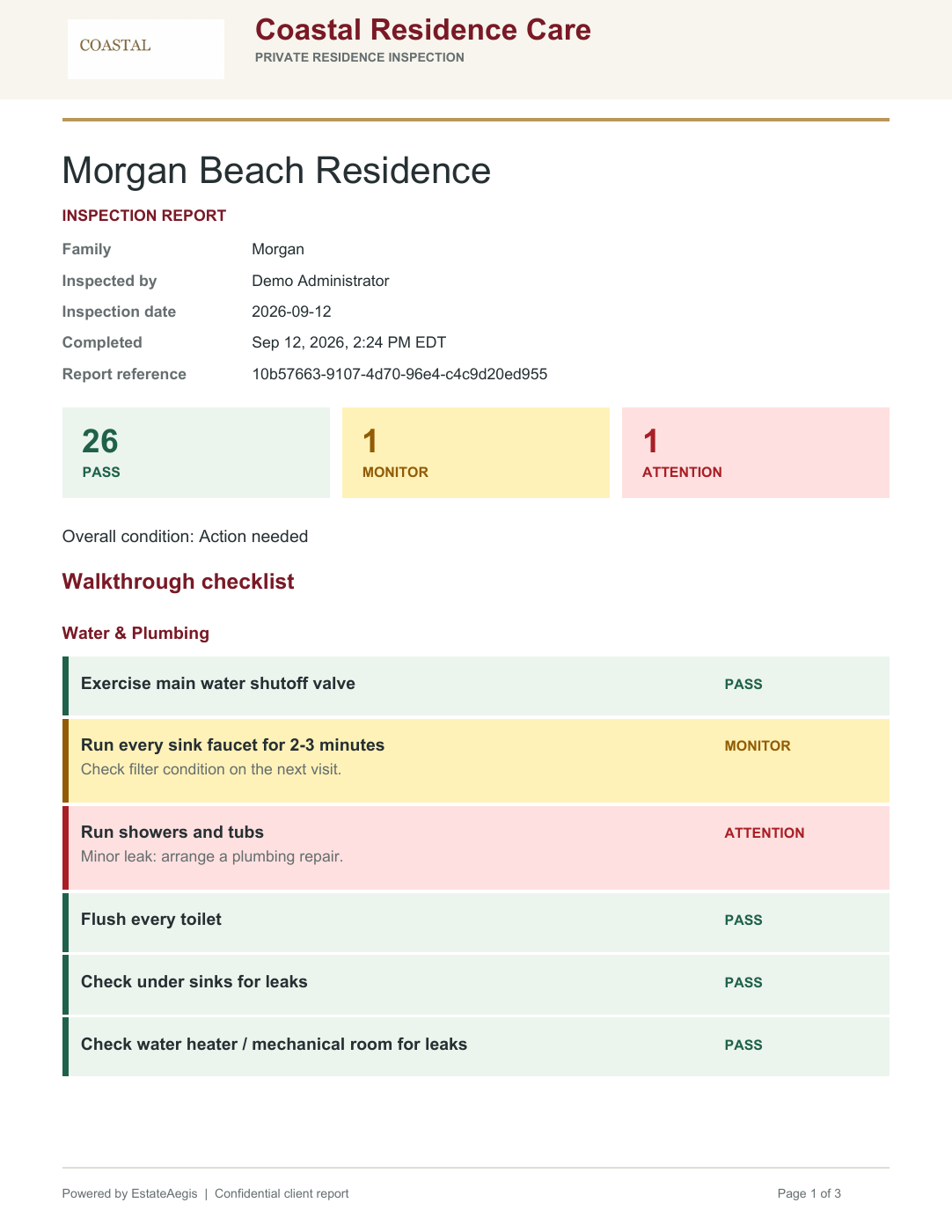 Example company-branded inspection PDF with inspector details and yellow Monitor and red Attention findings